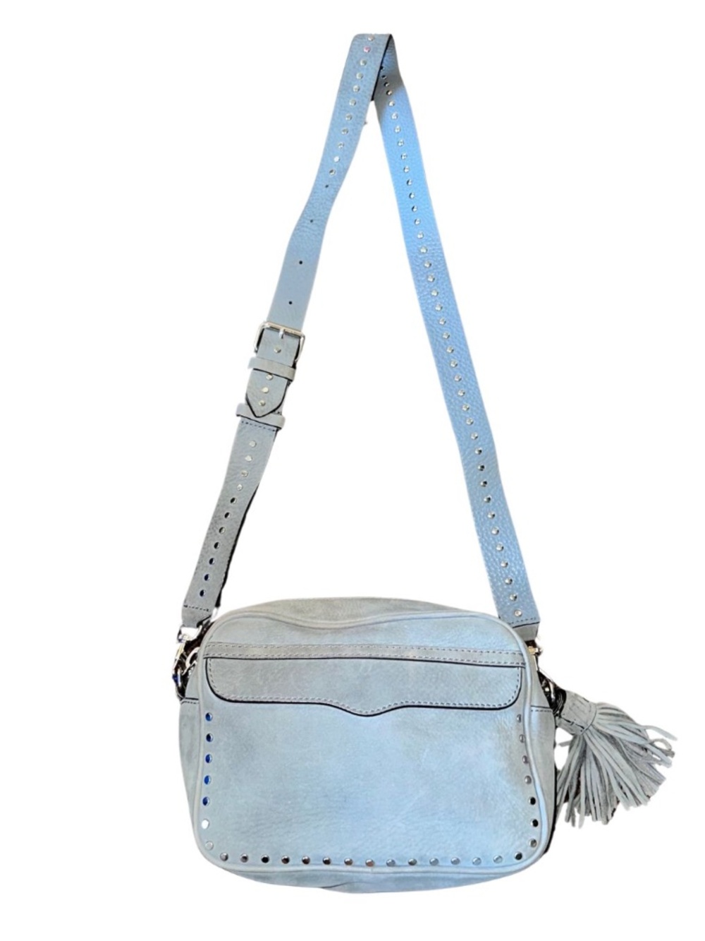 Rebecca Minkoff Studded Leather Crossbody Camera Bag Dusty Blue Gray Tassel
